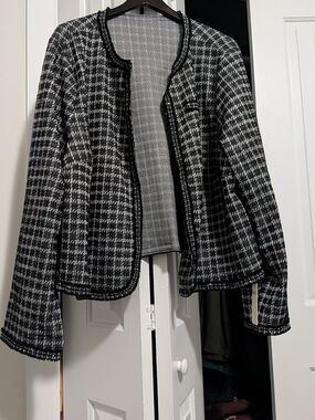 SHEIN Black and White Tweed Fringed Open-Front Jacket